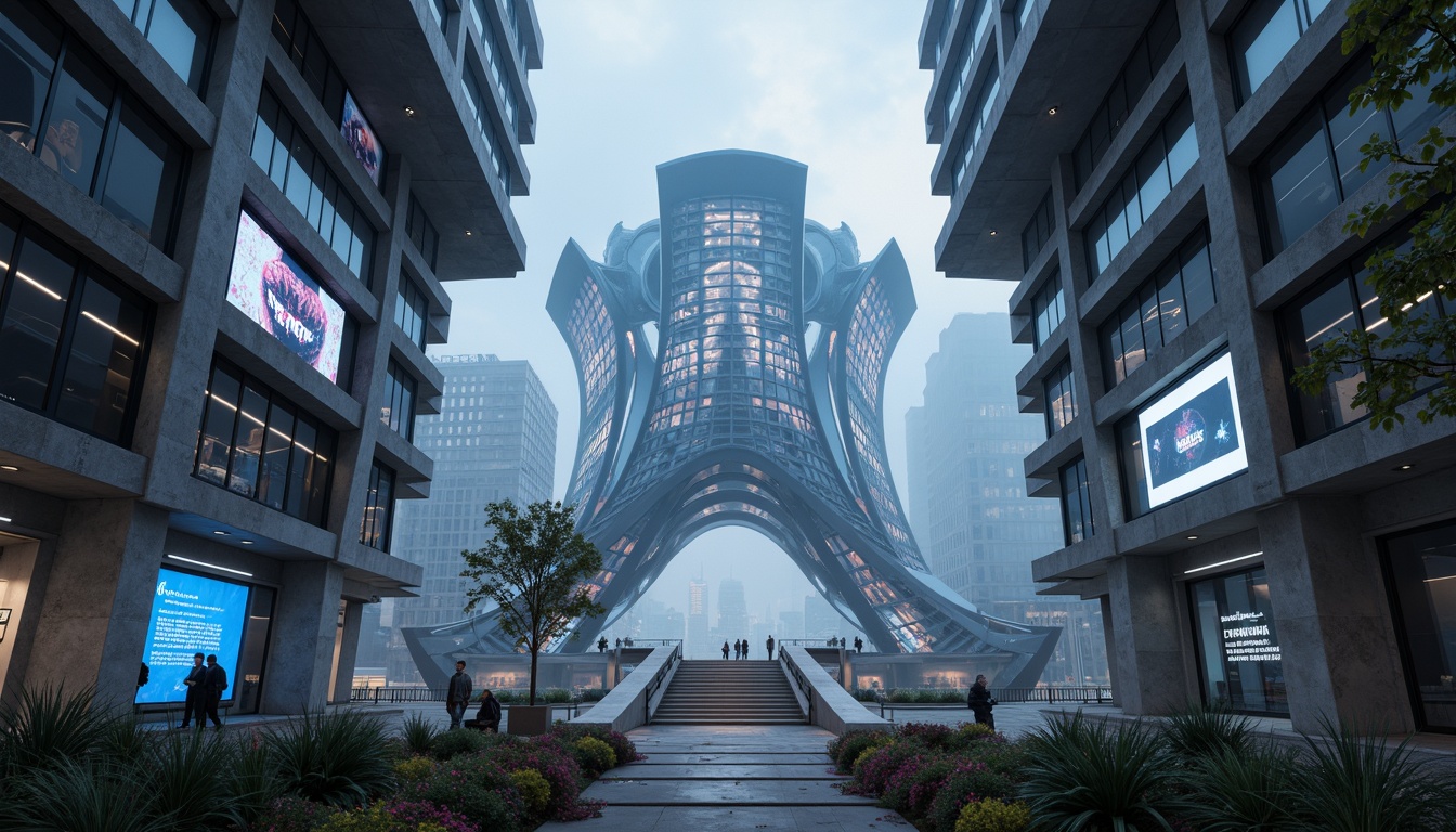 Prompt: Futuristic monument, sleek metallic structures, curved lines, angular shapes, neon lights, holographic displays, towering spires, grand arches, sweeping curves, levitating platforms, gravitational defiance, ethereal mist, futuristic materials, iridescent colors, glowing accents, pulsing rhythms, cyberpunk ambiance, atmospheric perspective, dramatic lighting, 3/4 composition, low-angle shot, cinematic feel.