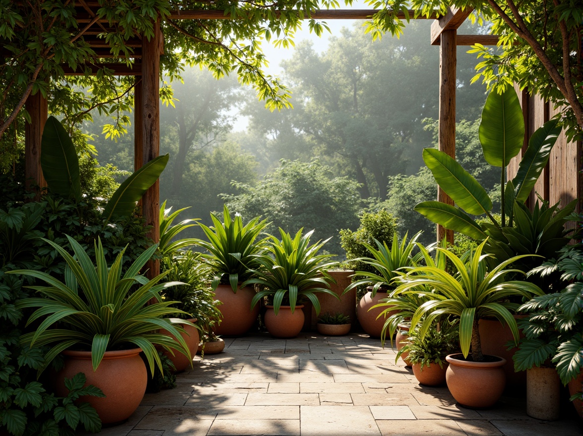 Prompt: Vibrant tropical plants, warm natural lighting, earthy terracotta pots, rustic wooden trellises, lush green foliage, misty atmosphere, soft diffused light, 3/4 composition, intimate space, natural stone flooring, reclaimed wood accents, organic shapes, calming color palette, soothing pastel hues, contrasting rich textures, subtle gradient effects, realistic leaf patterns, ambient occlusion.