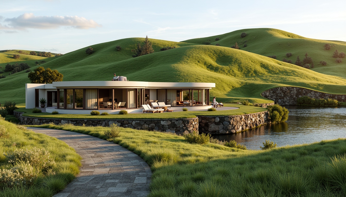 Prompt: Rolling hills, lush green meadows, serene lakeside, natural stone walls, curved architectural lines, modern minimalist design, floor-to-ceiling glass windows, sliding doors, open-plan living spaces, seamless indoor-outdoor transitions, organic building forms, earthy color palette, weathered wood accents, native plant species, winding pedestrian pathways, scenic lookout points, soft warm lighting, shallow depth of field, 2/3 composition, panoramic view, realistic textures, ambient occlusion.