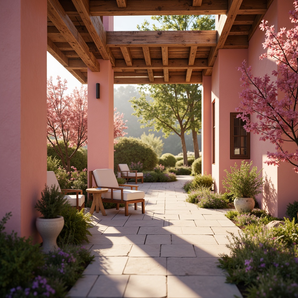 Prompt: Vibrant magenta accents, pastel pink hues, soft peach tones, creamy whites, rich wood textures, natural stone walls, lush greenery, blooming flowers, warm golden lighting, shallow depth of field, 1/1 composition, intimate close-up shots, realistic renderings, ambient occlusion, harmonious color balance.