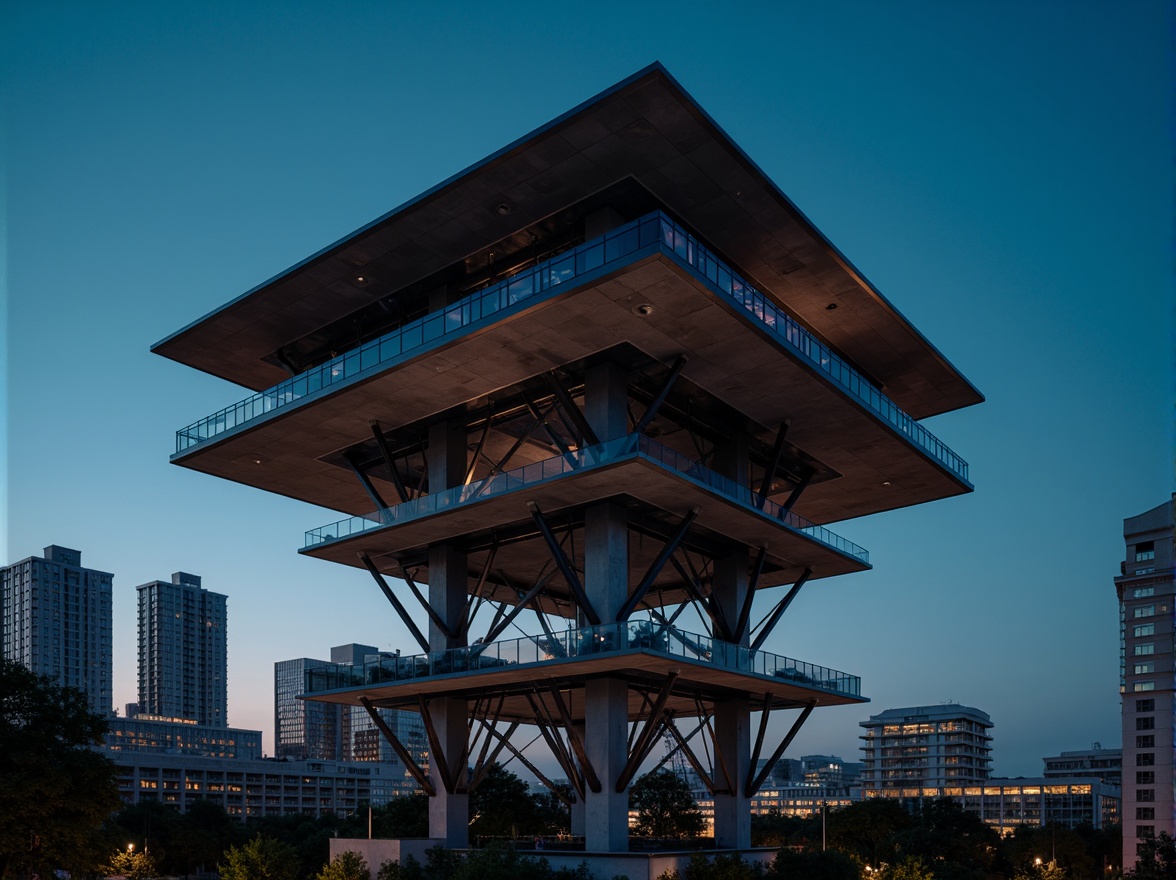 Prompt: Futuristic watchtower, sleek metal framework, minimalist design, angular lines, cantilevered structures, reinforced concrete foundations, modernist architecture, geometric shapes, industrial materials, exposed ductwork, functional simplicity, bold color schemes, neon light accents, cityscape backdrop, dramatic nighttime lighting, shallow depth of field, 2/3 composition, realistic textures, ambient occlusion.