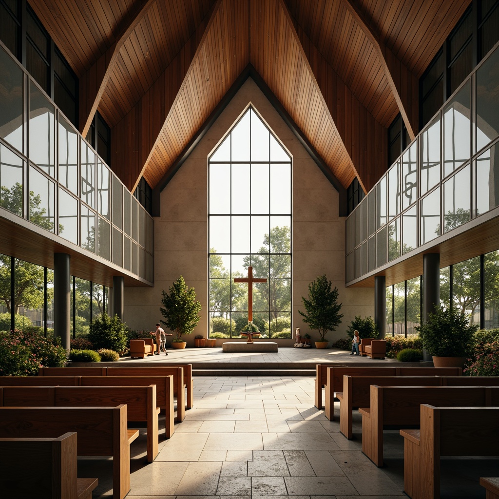 Prompt: Minimalist worship space, natural stone flooring, wooden accents, stained glass windows, vaulted ceilings, modern spiritual architecture, sleek metal cladding, reflective glass facades, angular lines, abstract patterns, sacred symbols, ambient lighting, soft warm glow, shallow depth of field, 3/4 composition, panoramic view, realistic textures, subtle color palette, calm atmosphere, serene ambiance, peaceful surroundings, lush greenery, blooming flowers.