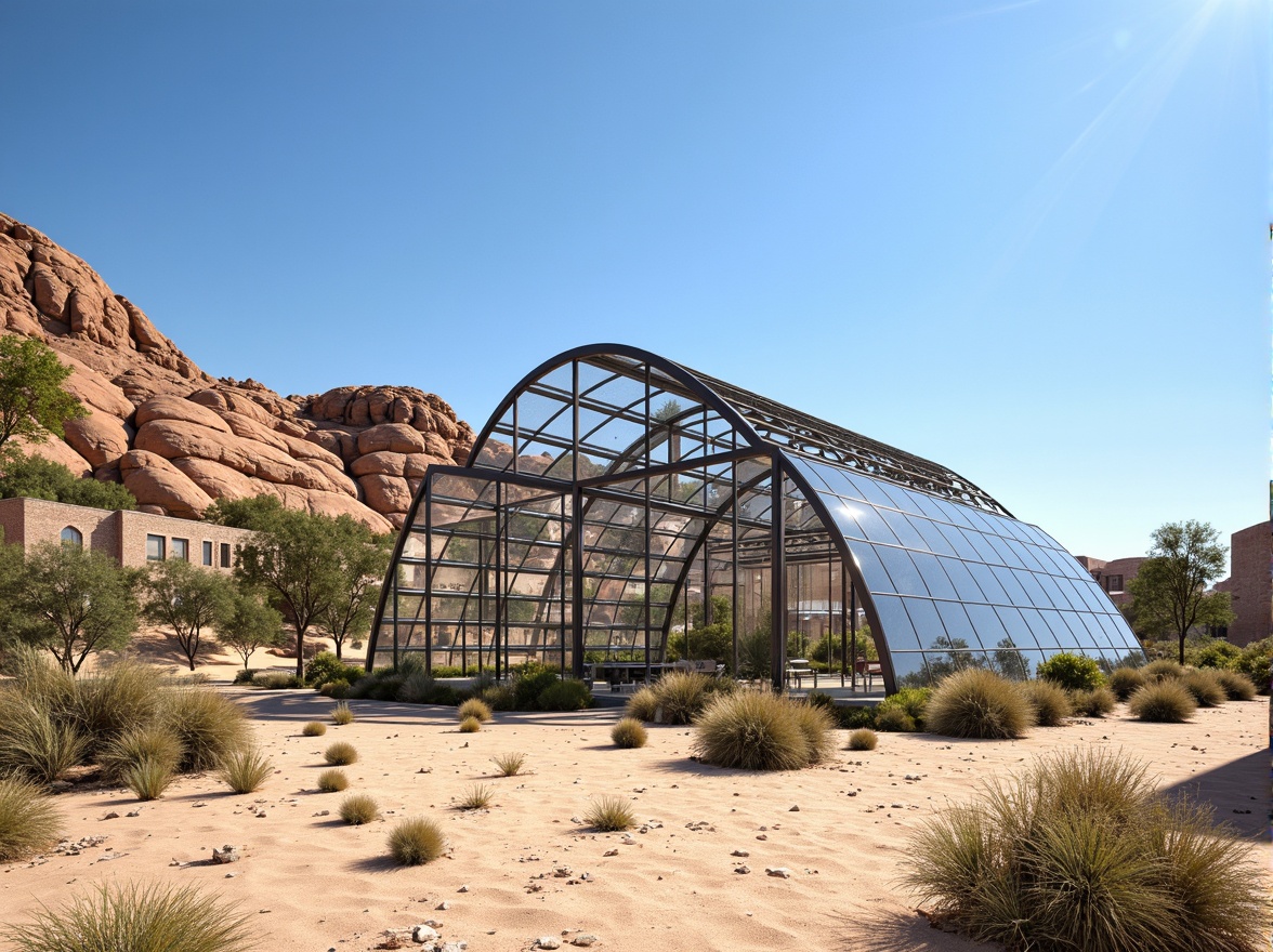 Prompt: Desert greenhouse, futuristic architecture, sleek metal framework, transparent polycarbonate panels, automated ventilation systems, evaporative cooling technologies, misting systems, climate control sensors, humidification systems, air purification filters, optimized air circulation, natural light harvesting, solar shading devices, thermal mass walls, water conservation systems, drip irrigation networks, arid landscape surroundings, cactus plants, sandy dunes, clear blue sky, hot sunny day, shallow depth of field, 3/4 composition, panoramic view, realistic textures, ambient occlusion.