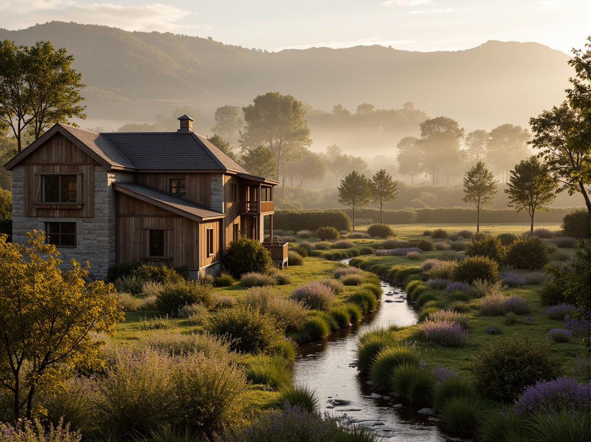 Prompt: Rustic rural landscapes, rolling hills, wooden farmhouses, stone cottages, thatched roofs, clay tile exteriors, natural stone walls, reclaimed wood accents, earthy color palettes, weathered metal details, wildflower fields, meandering streams, misty mornings, warm golden lighting, shallow depth of field, 1/2 composition, intimate atmospheric perspective, realistic textures, ambient occlusion.