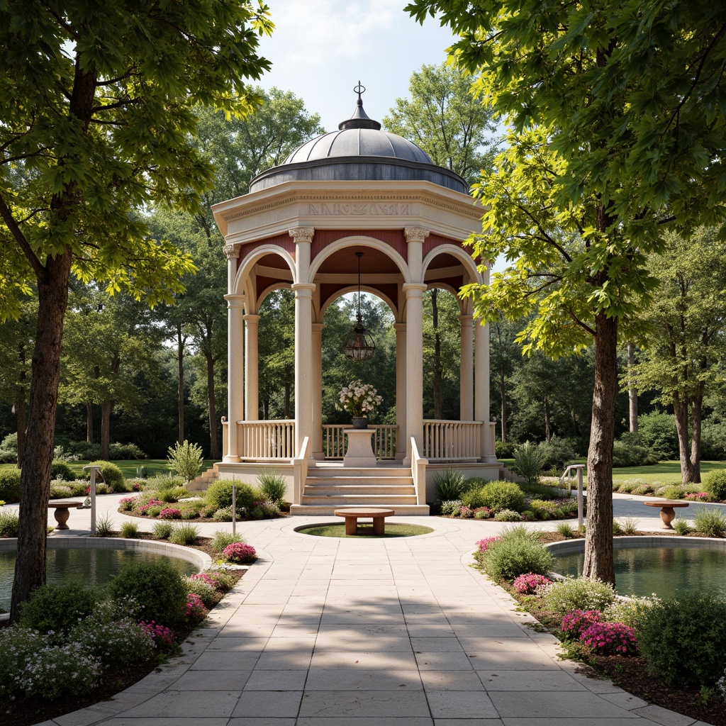 Prompt: Symmetrical pavilion, classicist architecture, grand entrance, ornate columns, subtle arches, lush greenery, vibrant flowers, tranquil water features, natural stone walkways, elegant benches, refined metalwork, soft warm lighting, shallow depth of field, 1/2 composition, panoramic view, realistic textures, ambient occlusion, serene atmosphere, rustic charm, earthy tones, harmonious integration with surrounding landscape.