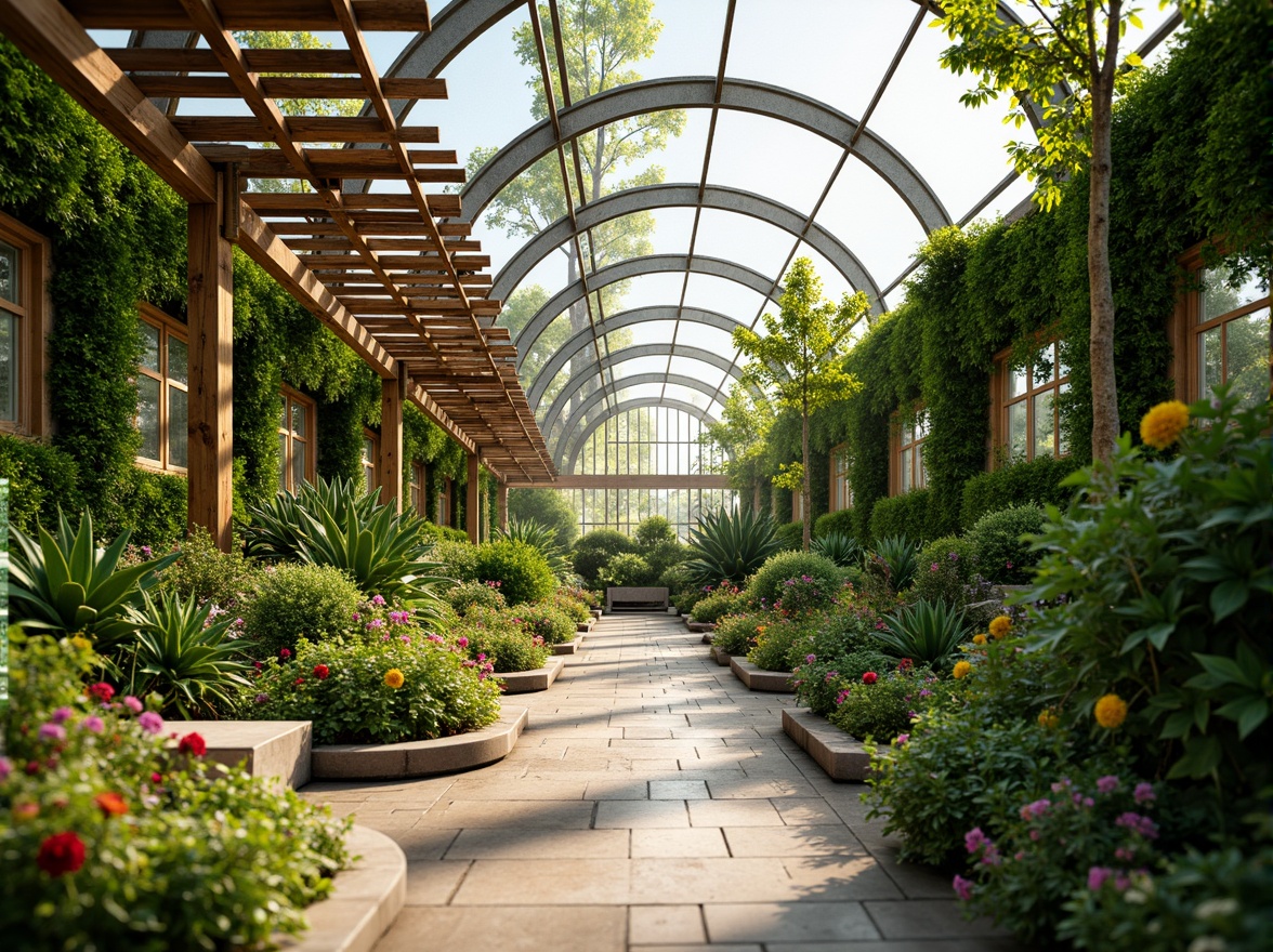 Prompt: Vibrant greenhouse interior, lush green walls, tropical plants, natural stone floors, wooden trellises, misting systems, warm soft lighting, shallow depth of field, 3/4 composition, panoramic view, realistic textures, ambient occlusion, modern curved architecture, glass roofs, steel frames, eco-friendly materials, sustainable energy solutions, rainwater harvesting systems, green roofs, living walls, vertical gardens, natural ventilation systems, serene ambiance, blooming flowers, sunny day.