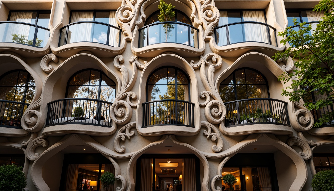 Prompt: Ornate Art Nouveau building facade, sinuous lines, flowing curves, organic forms, intricate metalwork, stained glass windows, ornamental balconies, grand entranceways, symmetrical composition, lavish decorations, opulent materials, luxurious textiles, golden accents, soft warm lighting, shallow depth of field, 2/3 composition, medium shot, cinematic atmosphere, vivid colors, realistic textures.