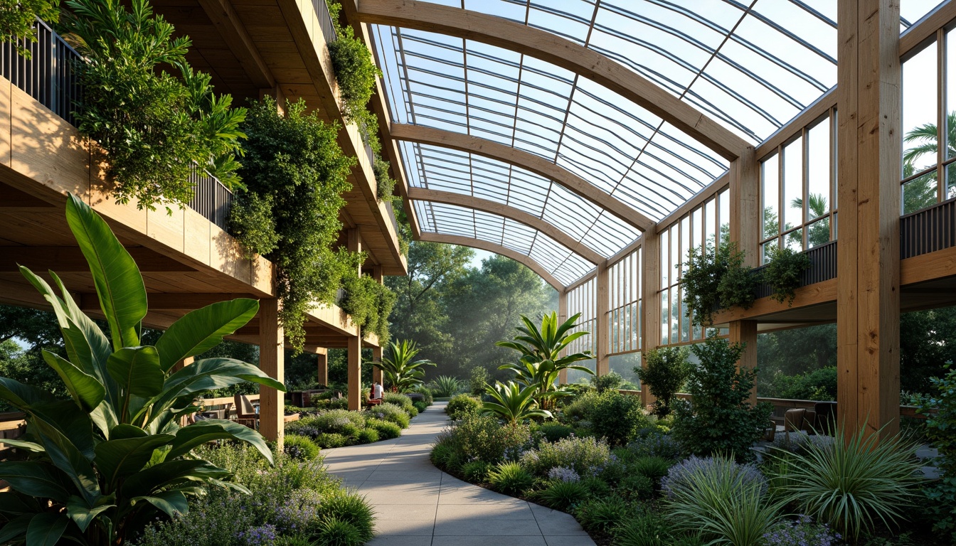 Prompt: Lush tropical plants, curved glass roof, steel frame structure, wooden beams, natural ventilation systems, misting irrigation, automatic climate control, solar panels, recycled materials, bamboo accents, living walls, green roofs, organic shapes, modern minimalist design, abundant natural light, soft diffused lighting, 1/1 composition, detailed textures, realistic reflections.