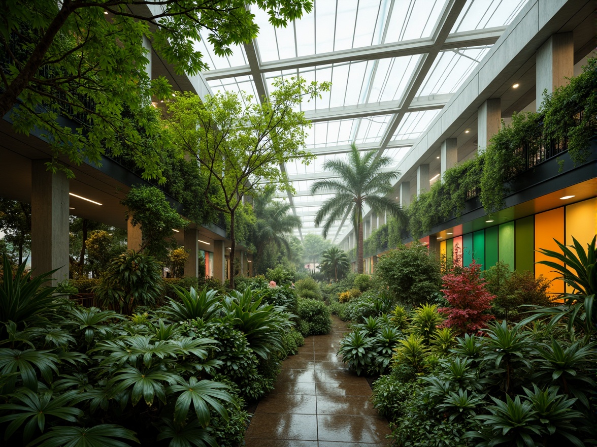 Prompt: Vibrant tropical plants, lush green foliage, natural light diffusion, warm earthy tones, misty atmosphere, humid environment, glass roofs, steel frames, modern minimalist architecture, automated irrigation systems, climate control technologies, color-blocking walls, contrasting textures, soft diffused lighting, 1/1 composition, intimate space, realistic plant renderings.