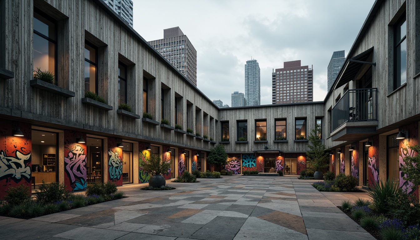 Prompt: \Rustic gymnasium exterior, distressed concrete walls, corrugated metal roofs, bold angular lines, fragmented forms, abstract geometric patterns, vibrant graffiti murals, industrial-style lighting fixtures, exposed ductwork, polished chrome accents, urban cityscape background, overcast cloudy sky, dramatic chiaroscuro lighting, high-contrast textures, 1/2 composition, Dutch angle shot, cinematic atmosphere.\Please let me know if this meets your requirements!