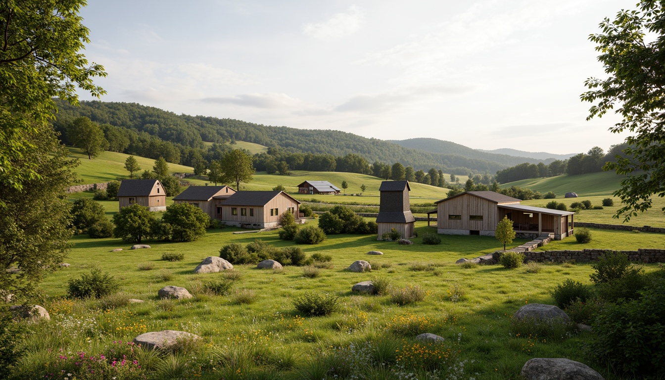 Prompt: Rustic rural landscape, rolling hills, lush green meadows, wooden farmhouses, natural stone walls, earthy tones, eco-friendly materials, solar panels, wind turbines, rainwater harvesting systems, green roofs, living walls, organic gardens, native wildflowers, serene countryside views, warm soft lighting, shallow depth of field, 1/2 composition, realistic textures, ambient occlusion.