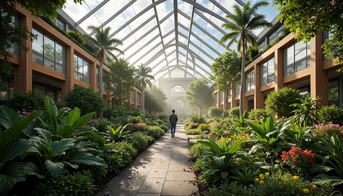 Prompt: Vibrant tropical plants, lush foliage, natural light, steel frame structures, curved glass roofs, minimalist columns, wooden accents, climate-controlled environments, automated irrigation systems, misting systems, foggy atmosphere, soft warm lighting, shallow depth of field, 3/4 composition, panoramic view, realistic textures, ambient occlusion.