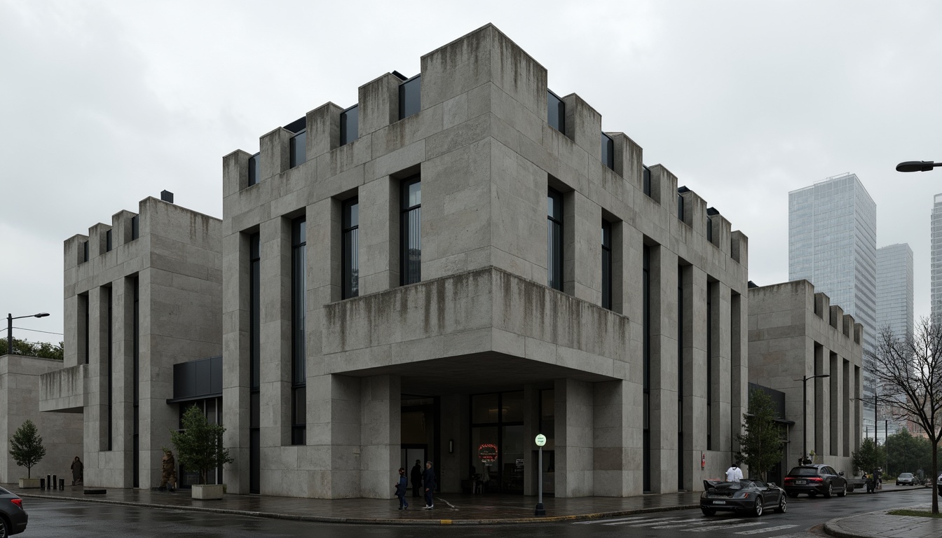 Prompt: Fortified brutalist building, raw concrete texture, rugged stone walls, fortress-like structure, dramatic cantilevered design, asymmetrical composition, industrial materials, exposed ductwork, minimalist ornamentation, bold geometric forms, monolithic appearance, urban cityscape, overcast sky, low-key lighting, high-contrast shadows, 1/1 composition, symmetric framing, architectural photography, gritty realistic textures, atmospheric mist.