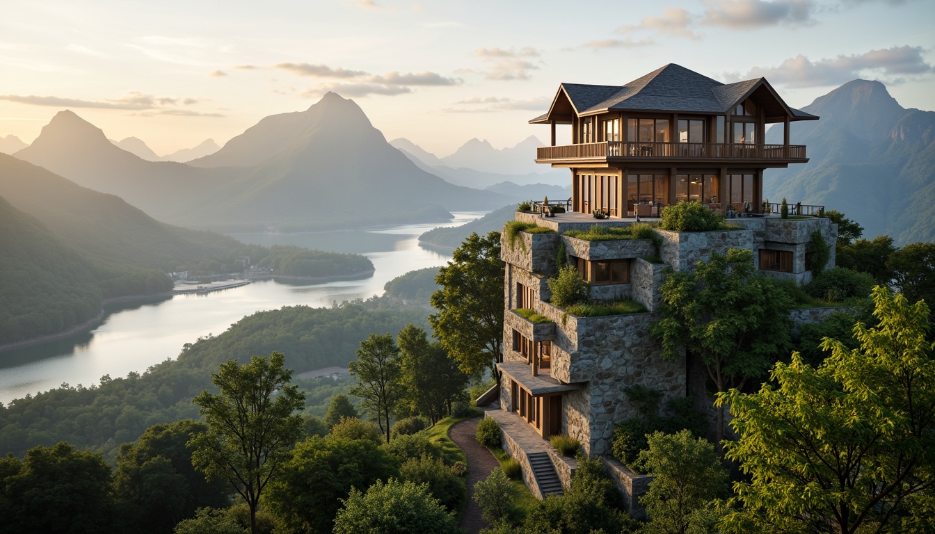 Prompt: Panoramic watching tower, harmonious landscape integration, natural stone foundation, wooden accents, verdant roofs, lush greenery, winding stairs, scenic lookout points, majestic mountain views, serene lake reflections, misty morning atmosphere, warm golden lighting, soft focus effect, 1/2 composition, atmospheric perspective, realistic textures, subtle color grading.