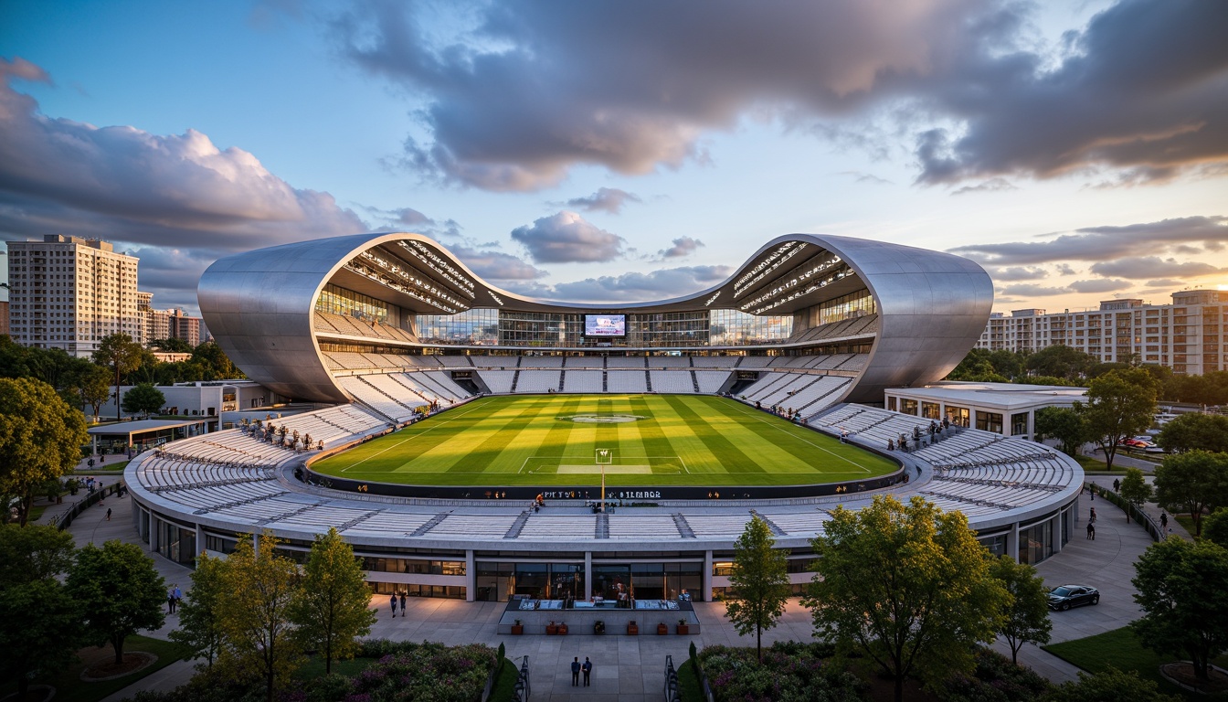 Prompt: Sleek modern stadium, futuristic architecture, polished metal fa\u00e7ade, dynamic LED lighting, transparent glass walls, minimalist design, sustainable materials, recycled plastic seats, eco-friendly concrete, green roofs, living walls, vibrant urban landscape, bustling cityscape, warm sunny day, dramatic cloudy sky, shallow depth of field, 1/1 composition, realistic textures, ambient occlusion.