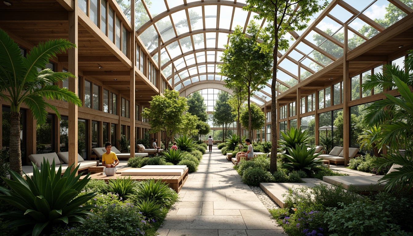 Prompt: Serene greenhouse interior, lush tropical plants, natural stone pathways, wooden trellises, misting systems, soft warm lighting, shallow depth of field, 3/4 composition, panoramic view, realistic textures, ambient occlusion, modern minimalist architecture, large glass windows, sliding doors, eco-friendly materials, sustainable energy solutions, solar panels, water conservation systems, green roofs, innovative cooling technologies, shaded outdoor spaces, vibrant colorful textiles, intricate geometric motifs, tranquil atmosphere, nature-inspired design.