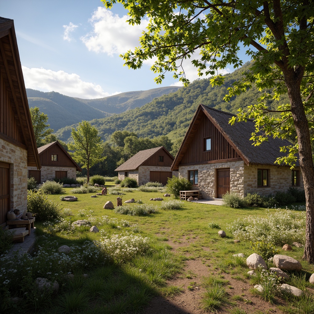 Prompt: Rustic countryside, wooden cabins, stone walls, thatched roofs, earthy tones, natural materials, reclaimed wood, exposed beams, vintage farm equipment, wildflower meadows, rolling hills, serene rural landscape, warm sunny day, soft gentle lighting, 1/1 composition, intimate close-up shots, realistic weathering effects, ambient occlusion.