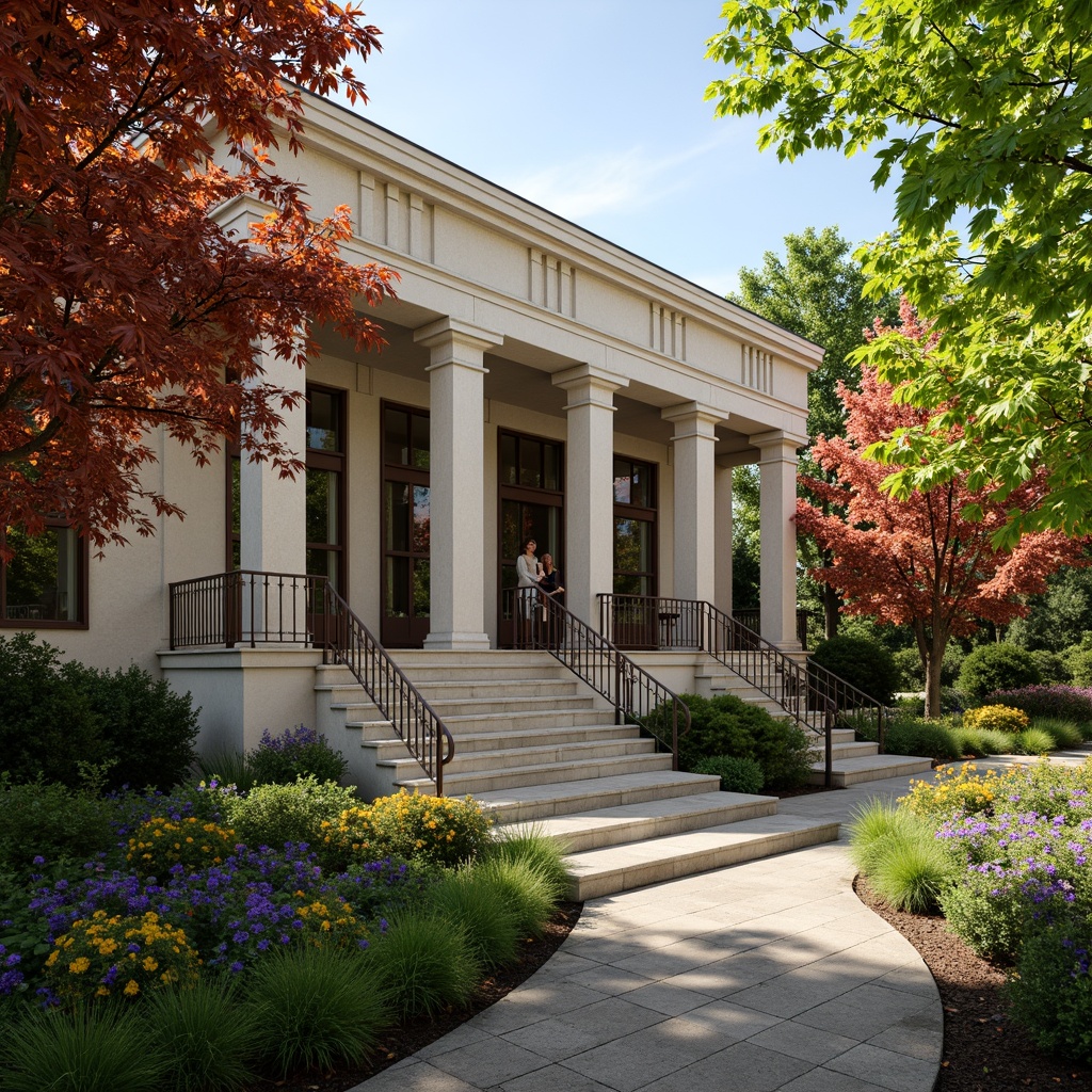 Prompt: Serenely lit library exterior, lush greenery, vibrant flowers, meandering walkways, natural stone pathways, reading benches, ornate metal railings, grand entrance stairs, columnar architecture, classical fa\u00e7ade, large windows, glass doors, blooming trees, sunny day, soft warm lighting, shallow depth of field, 3/4 composition, panoramic view, realistic textures, ambient occlusion, tranquil atmosphere, peaceful ambiance.