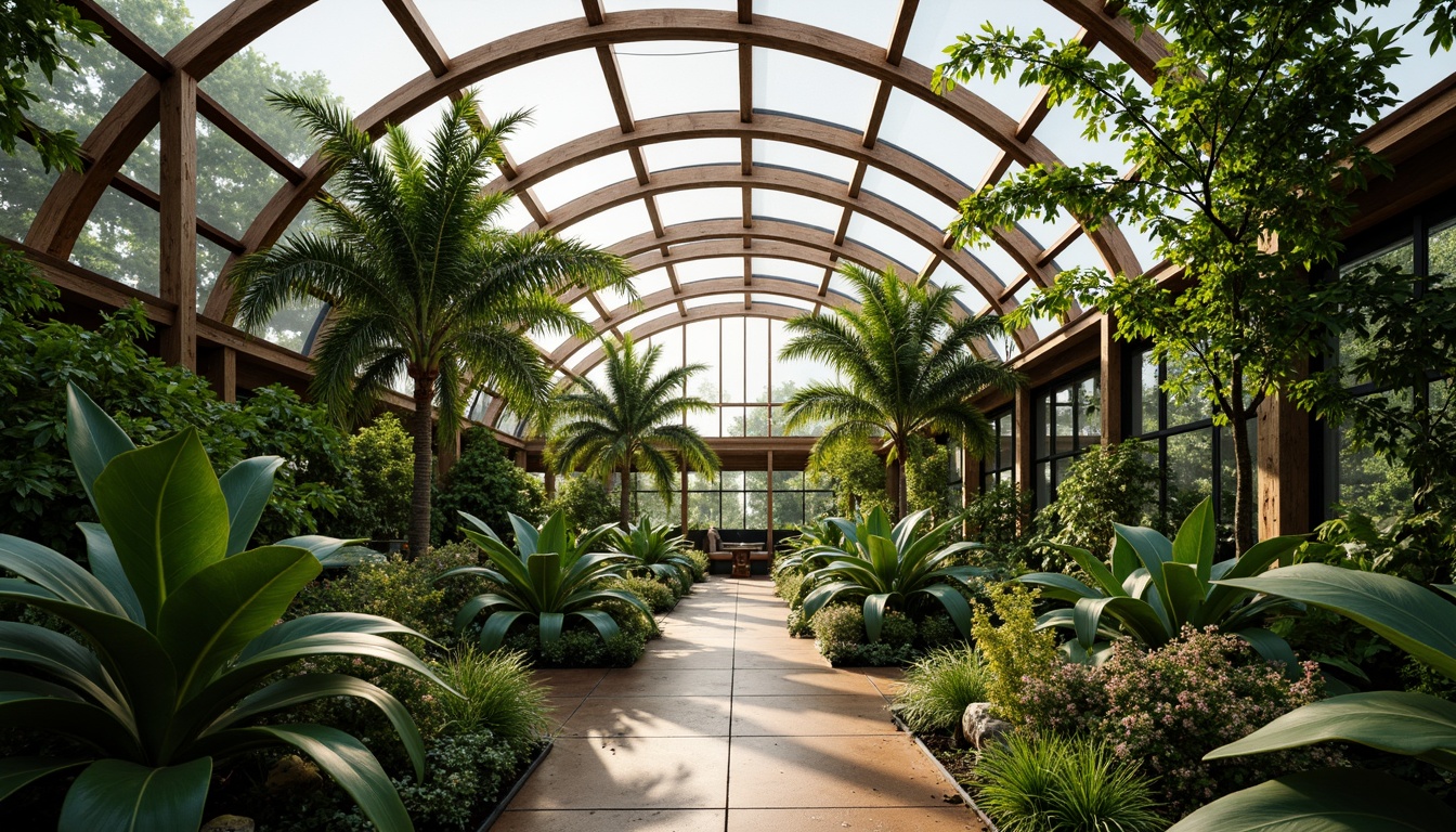 Prompt: Lush tropical plants, glass roofs, steel frames, curved arches, wooden beams, natural ventilation systems, automatic irrigation networks, misting humidifiers, reinforced concrete foundations, energy-efficient LED grow lights, polycarbonate walls, aluminum cladding, organic fertilizer tanks, trellis systems, vines crawling up walls, warm diffused lighting, shallow depth of field, 1/2 composition, panoramic view, realistic textures, ambient occlusion.