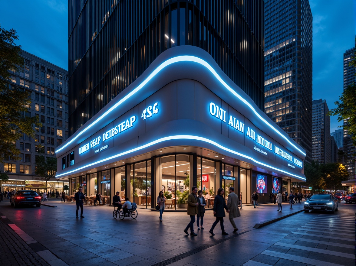 Prompt: Futuristic restaurant facade, neon-lit signage, metallic materials, curved lines, aerodynamic shapes, LED light strips, transparent glass walls, minimalist entrance, automatic sliding doors, urban cityscape, busy streets, vibrant nightlife, distant skyscrapers, misty atmosphere, shallow depth of field, 3/4 composition, panoramic view, realistic reflections, ambient occlusion.