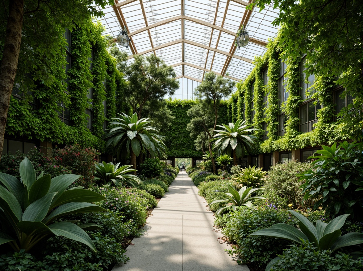 Prompt: Tropical greenhouse interior, lush green walls, exotic plants, natural ventilation systems, solar-powered irrigation, rainwater harvesting, organic fertilizer use, composting facilities, recycled materials, energy-efficient LED lighting, minimal carbon footprint, passive solar design, clerestory windows, living roofs, greenhouses with wooden frames, misting systems, humid climate control, 1/1 composition, soft natural light, realistic textures, ambient occlusion.