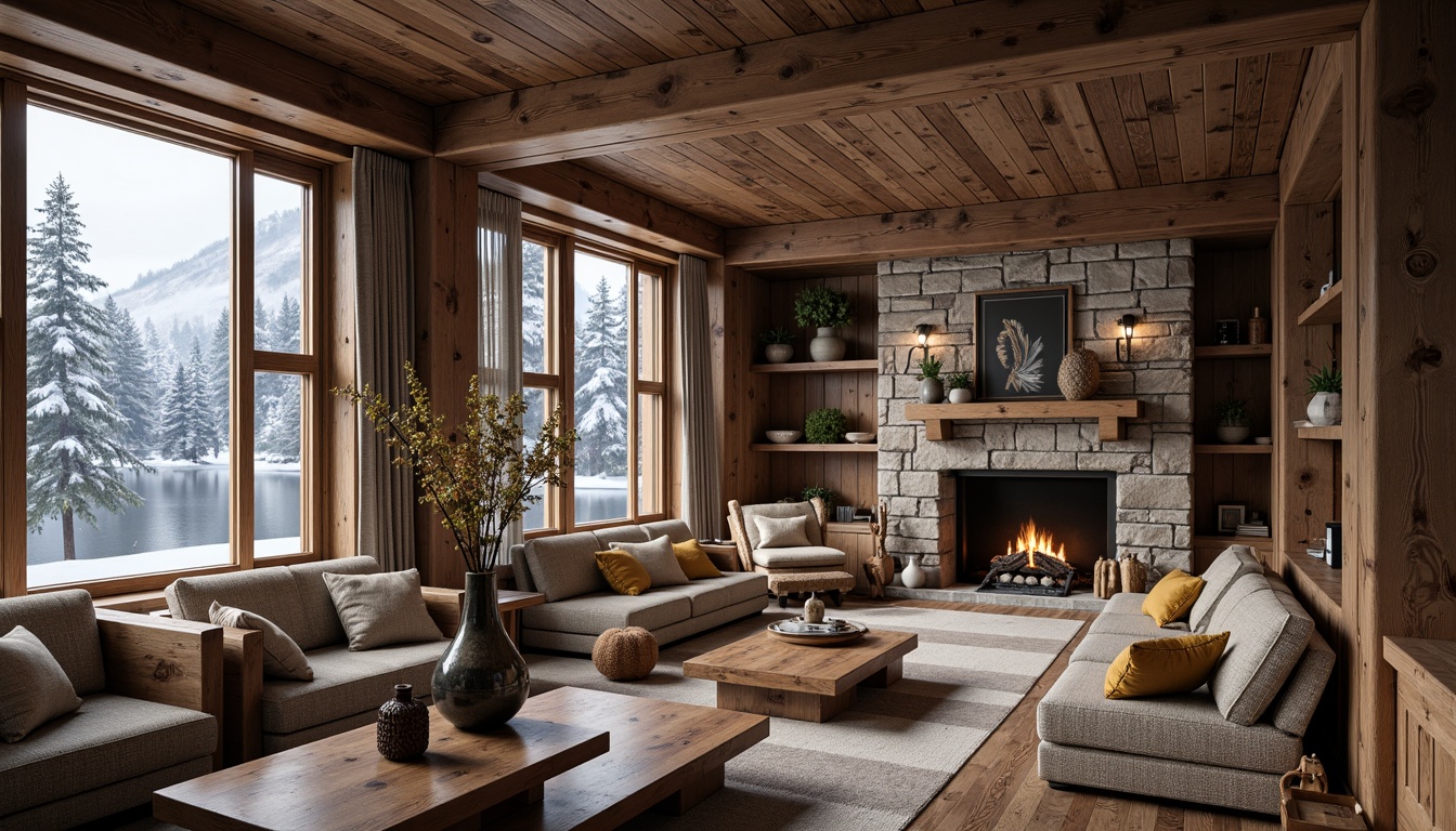 Prompt: Rustic ski lodge, wooden accents, stone fireplaces, earthy color palette, natural textiles, woven wool blankets, reclaimed wood walls, wooden beam ceilings, snow-capped mountains, frozen lakes, evergreen trees, frosty mornings, soft warm lighting, cozy atmosphere, 1/1 composition, shallow depth of field, realistic textures, ambient occlusion.