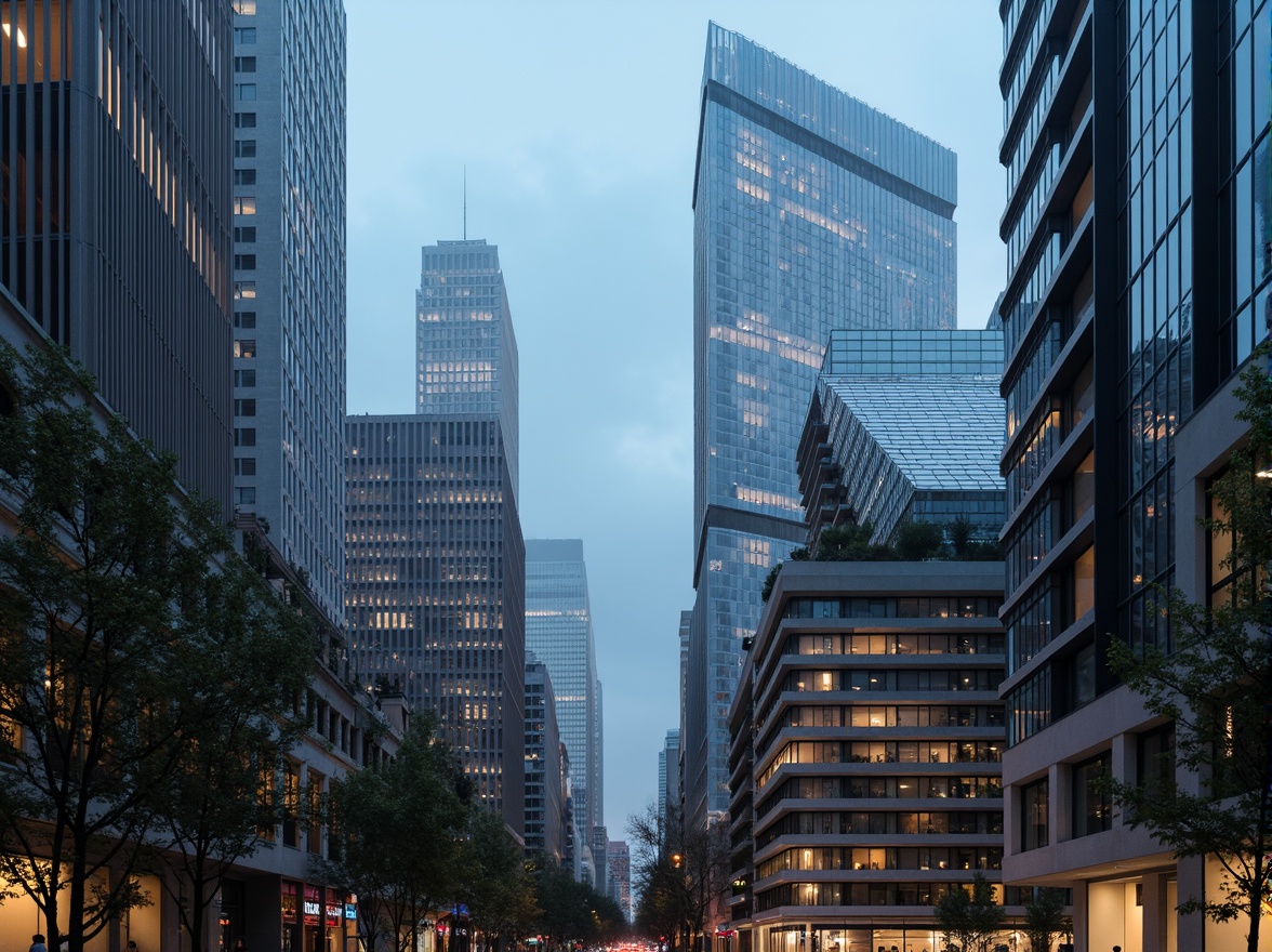 Prompt: Glossy skyscrapers, sleek glass towers, metallic reflections, urban cityscape, modernist architecture, clean lines, minimalist design, geometric shapes, cantilevered balconies, angular rooftops, high-rise buildings, bustling streets, vibrant nightlife, neon lights, foggy atmosphere, cinematic lighting, shallow depth of field, 1/2 composition, symmetrical framing, realistic textures, ambient occlusion.