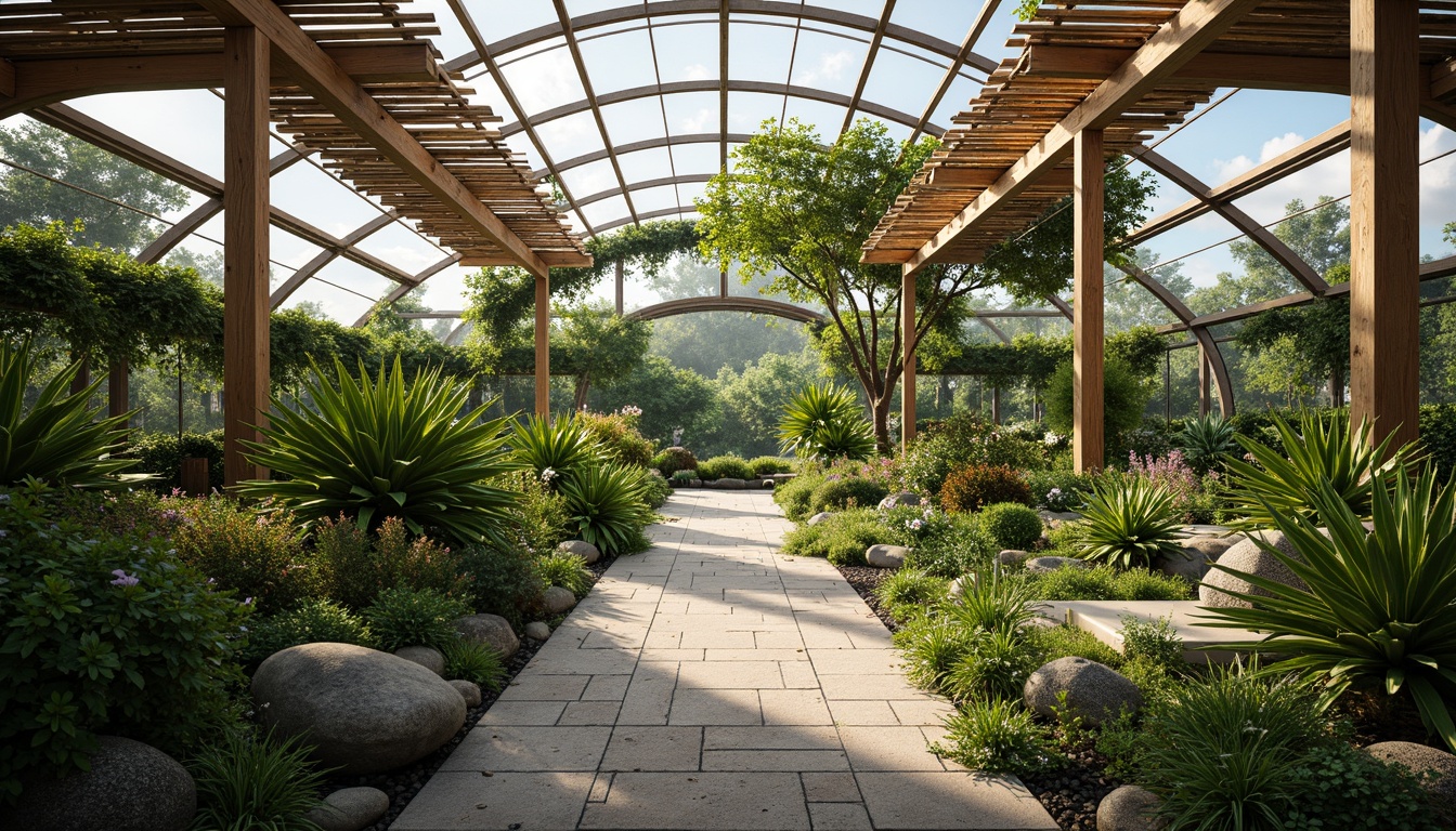 Prompt: \Tranquil greenhouse interior, lush tropical plants, natural stone pathways, wooden trellises, curved glass roofs, modern sustainable architecture, energy-efficient systems, solar panels, rainwater harvesting, living walls, green roofs, misting systems, warm soft lighting, shallow depth of field, 3/4 composition, panoramic view, realistic textures, ambient occlusion, serene atmosphere, natural ventilation, organic shapes, earthy colors, water features, scenic vistas.\Let me know if this meets your requirements!