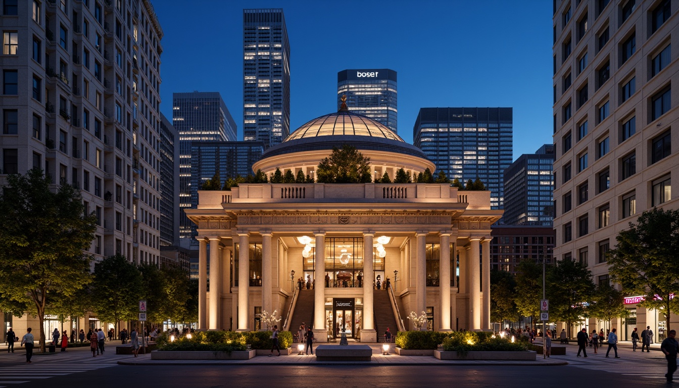 Prompt: Cosmic cityscape, historic planetarium dome, neoclassical architecture, grand entrance, ornate columns, intricate stone carvings, celestial body-inspired sculptures, urban skyscrapers, bustling streets, vibrant city lights, nighttime scene, soft warm glow, shallow depth of field, 1/1 composition, symmetrical framing, realistic textures, ambient occlusion.