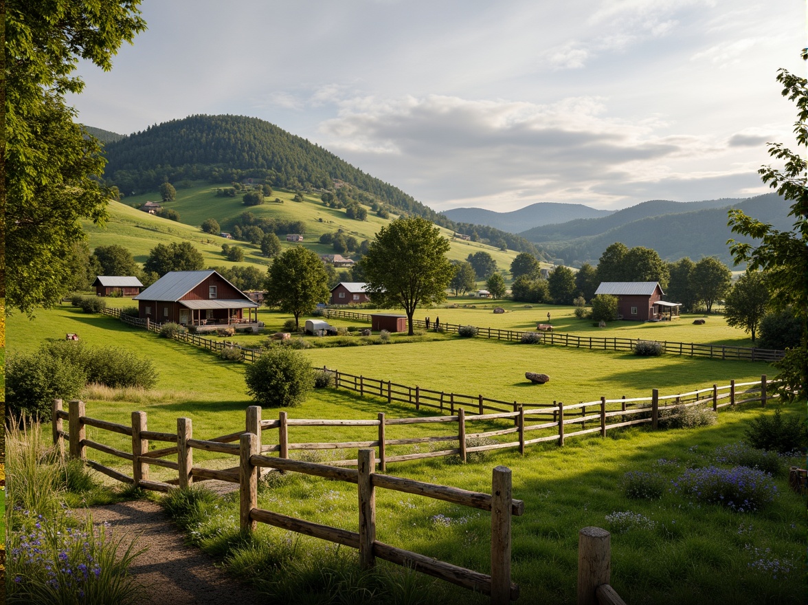 Prompt: Rustic rural landscape, rolling hills, traditional farmhouses, wooden fences, lush green pastures, wildflowers, serene atmosphere, natural materials, earthy tones, regional cultural influences, local craftsmanship, authentic details, vintage agricultural equipment, weathered wood textures, soft warm lighting, shallow depth of field, 3/4 composition, panoramic view, realistic textures, ambient occlusion.