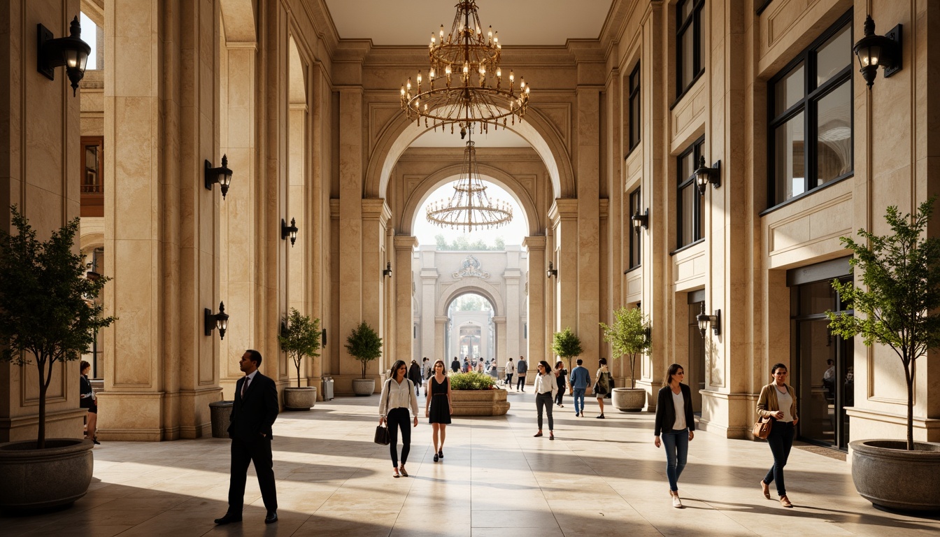 Prompt: Elegant market building, neoclassical architecture, sand-casted stone walls, ornate columns, carved details, grand archways, high ceilings, lavish chandeliers, polished marble floors, intricate moldings, warm beige color palette, soft natural lighting, shallow depth of field, 1/1 composition, symmetrical view, realistic textures, ambient occlusion.