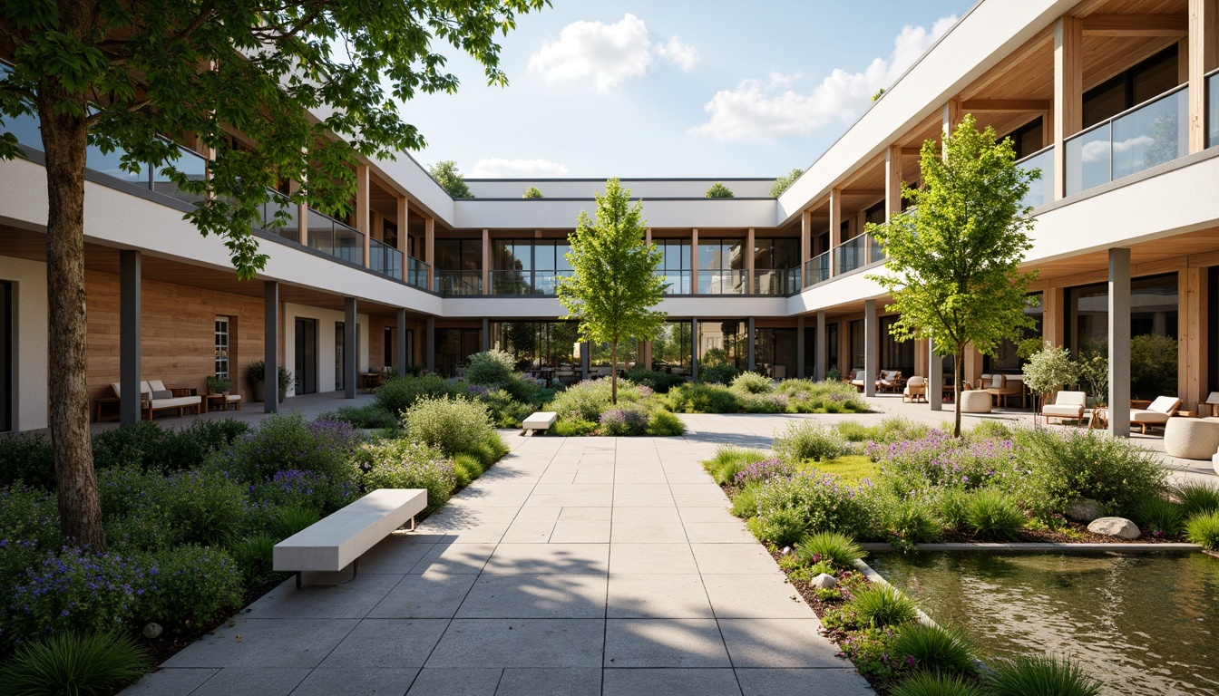 Prompt: Calming healthcare center courtyard, lush greenery, natural stone benches, soothing water features, vibrant flower arrangements, warm wood accents, modern minimalist architecture, large windows, soft diffused lighting, comfortable seating areas, interactive art installations, gentle color schemes, peaceful ambiance, shallow depth of field, 1/1 composition, realistic textures, ambient occlusion.