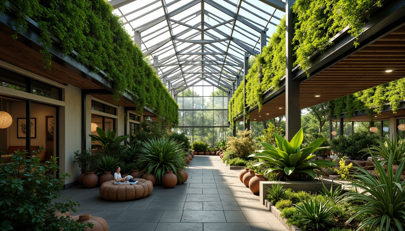 Prompt: Lush tropical plants, vibrant green hues, warm natural light, glass roofs, steel frames, wooden accents, earthy terracotta pots, misting systems, humid atmosphere, soft diffused lighting, 1/1 composition, realistic textures, ambient occlusion, calming ambiance, serene escape, organic shapes, living walls, natural ventilation, sustainable materials, energy-efficient systems.