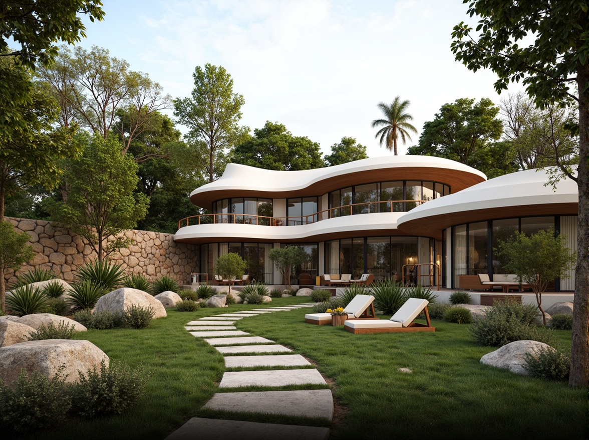 Prompt: Seamless site integration, organic architecture, curved lines, natural materials, earthy tones, lush greenery, native plants, meandering pathways, rustic stone walls, wooden accents, cantilevered roofs, large windows, sliding glass doors, panoramic views, soft natural lighting, warm color palette, 3/4 composition, shallow depth of field, realistic textures, ambient occlusion.