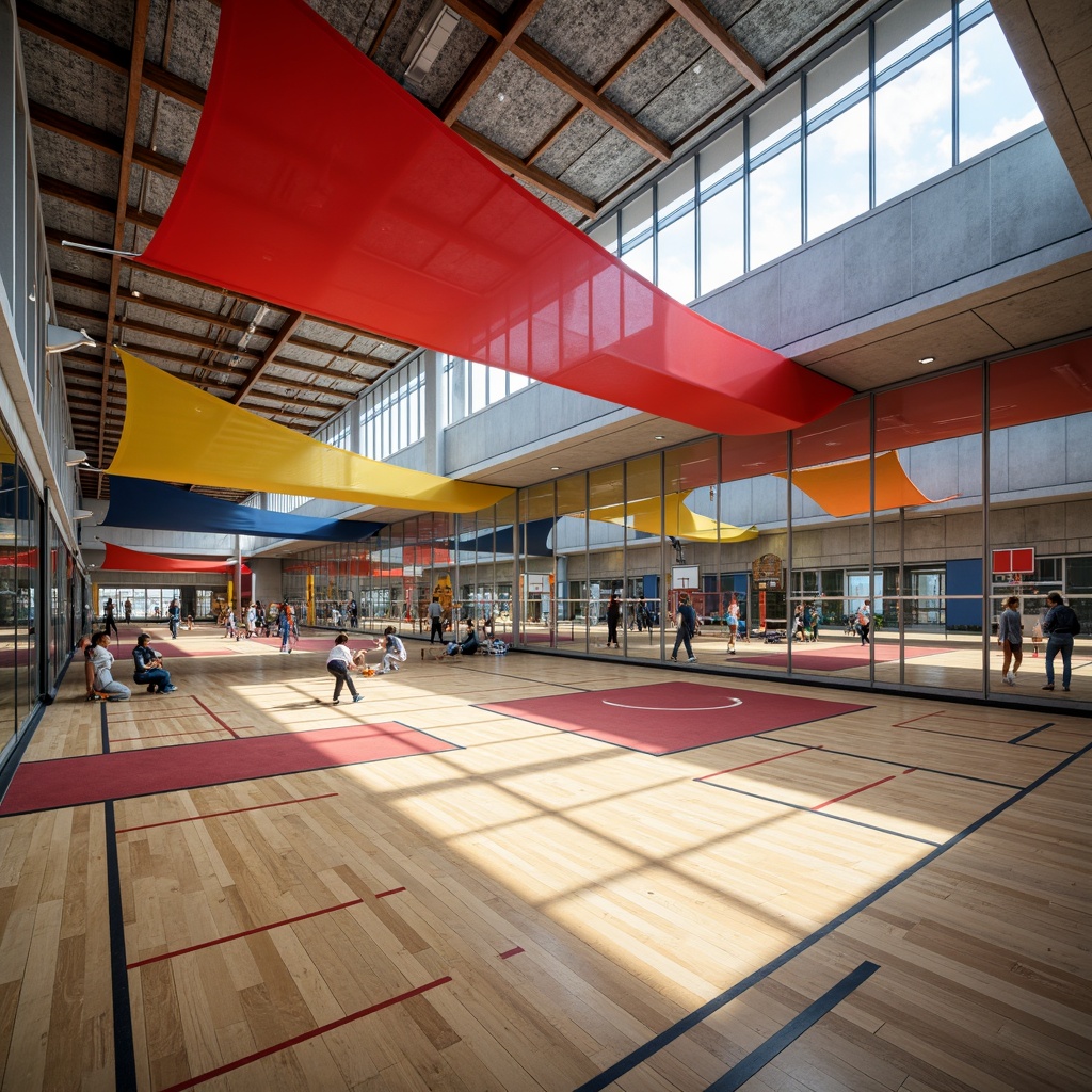 Prompt: Modern gymnasium interior, dynamic textile applications, vibrant color schemes, athletic tracks, sports equipment, basketball courts, volleyball nets, fitness machines, mirrored walls, wooden flooring, acoustic panels, natural light pouring in, softbox lighting, 1/1 composition, shallow depth of field, realistic textures, ambient occlusion.Please let me know if this meets your requirements!