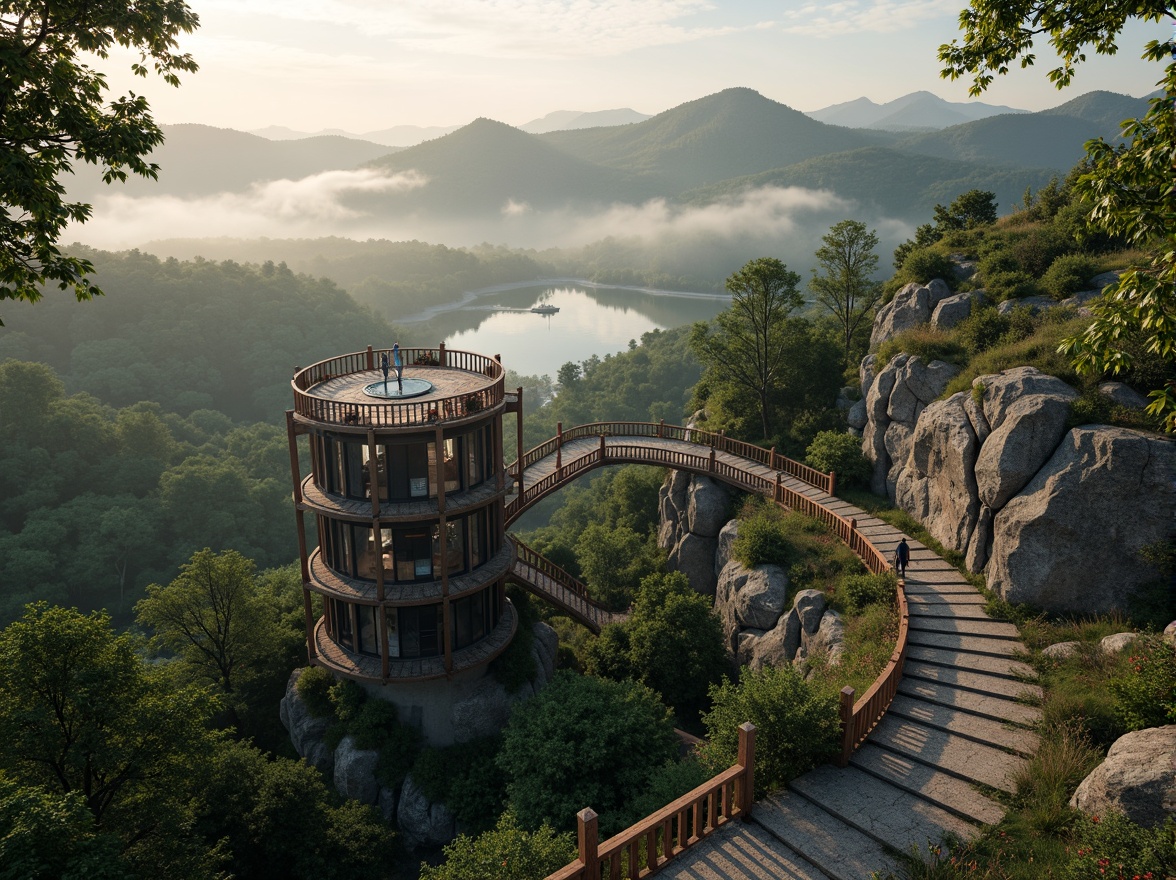 Prompt: \Watching tower, winding stone staircase, lush greenery integration, natural rock formations, wooden observation decks, rustic metal railings, panoramic views, misty morning atmosphere, soft warm lighting, shallow depth of field, 3/4 composition, realistic textures, ambient occlusion, surrounded by rolling hills, dense forests, serene lakeside, birds'-eye view, telescopic lens, cinematic framing, symmetrical balance, earthy tones, organic shapes, blending with nature.\