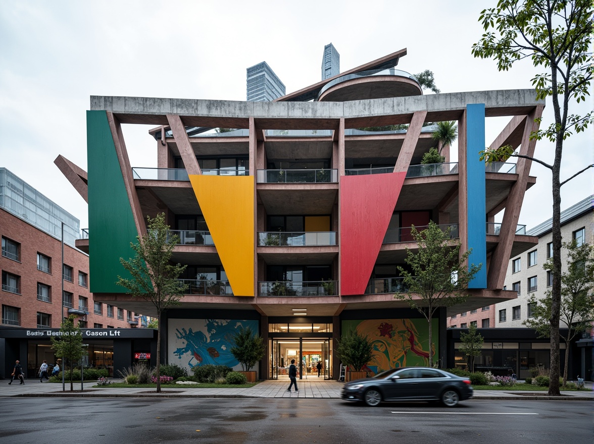 Prompt: Fragmented gymnasium facade, deconstructivist architecture, irregular shapes, bold cantilevers, metallic beams, exposed ductwork, dynamic angular lines, vibrant color accents, abstract patterned walls, industrial-style windows, translucent canopies, urban landscape, overcast sky, dramatic shadows, high-contrast lighting, 1/2 composition, wide-angle lens, gritty textures, atmospheric fog.