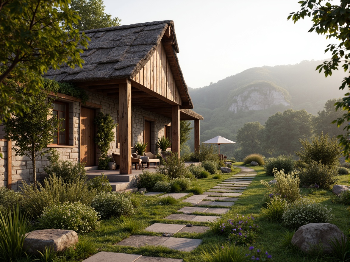 Prompt: Rustic rural cottage, natural stone walls, wooden beams, thatched roofs, earthy tones, organic textures, lush greenery, wildflowers, rolling hills, serene countryside, misty morning, warm soft lighting, shallow depth of field, 1/1 composition, intimate framing, realistic wood grain, ambient occlusion, eco-friendly materials, sustainable design, locally sourced components.