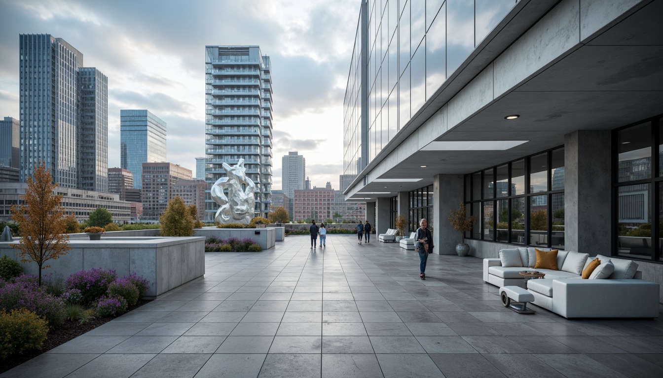 Prompt: Polished concrete walls, sleek metal panels, reflective glass facades, minimalist stone floors, industrial-style exposed ductwork, bold geometric patterns, vibrant monochromatic color schemes, cantilevered rooflines, angular building forms, modernist sculptures, abstract art installations, urban cityscape views, cloudy skies with dramatic lighting, shallow depth of field, 3/4 composition, panoramic view, realistic textures, ambient occlusion.