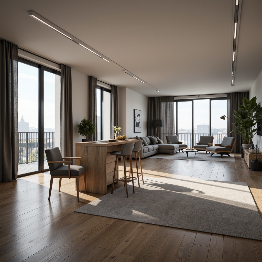 Prompt: Modern apartment interior, minimalist decor, sleek lines, monochromatic color scheme, large windows, natural light, open-plan living area, functional zoning, optimized furniture arrangement, compact kitchen island, hidden storage spaces, smart home technologies, LED lighting, soft warm ambiance, 1/1 composition, shallow depth of field, realistic textures, ambient occlusion.