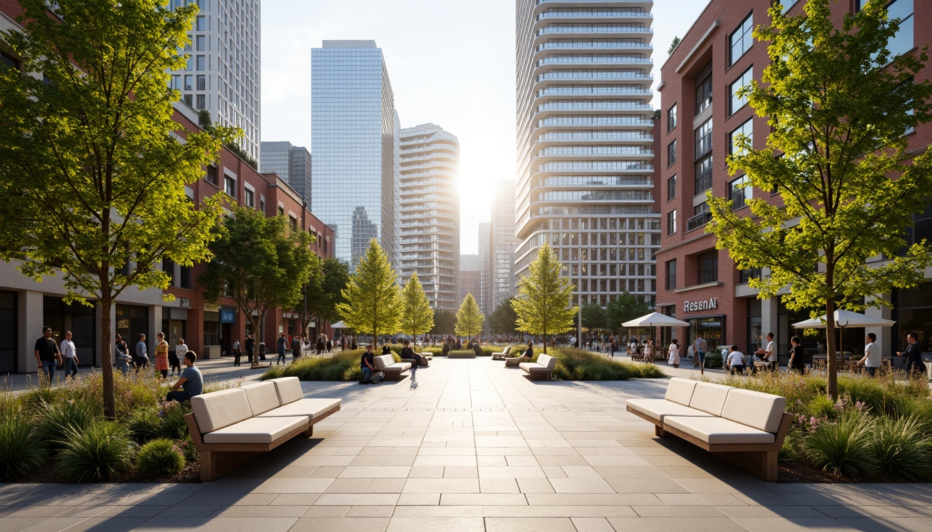 Prompt: Vibrant public plaza, curved benches, lush greenery, natural stone flooring, modern streetlights, urban architecture, bustling city atmosphere, warm sunny day, soft diffused lighting, shallow depth of field, 3/4 composition, panoramic view, realistic textures, ambient occlusion.