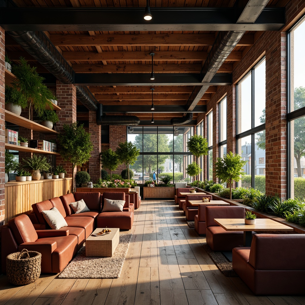 Prompt: Cozy coffee shop, warm wooden accents, plush sofas, rustic brick walls, industrial metal beams, large windows, natural light, vibrant greenery, decorative potted plants, aromatic coffee scents, comfortable seating areas, intimate conversation nooks, rustic wooden tables, soft ambient lighting, 1/2 composition, shallow depth of field, realistic textures, warm color palette.