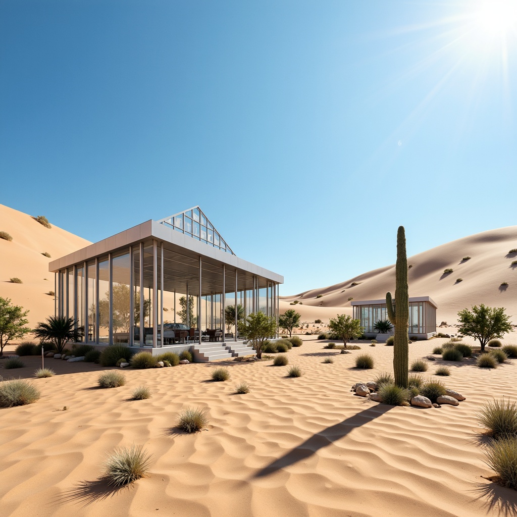 Prompt: Desert greenhouse, vast sandy dunes, cactus plants, hot sunny day, clear blue sky, modern futuristic architecture, sleek metal buildings, reflective glass surfaces, angular lines, minimalist design, innovative cooling technologies, shaded outdoor spaces, misting systems, evaporative cooling systems, humidification systems, air circulation fans, temperature control systems, humidity sensors, automated ventilation systems, natural convection, passive solar design, thermal mass materials, radiant barrier systems, desert flora, succulent plants, aloe vera, cacti, sandy soil, arid climate, harsh environmental conditions, sustainable agriculture practices.