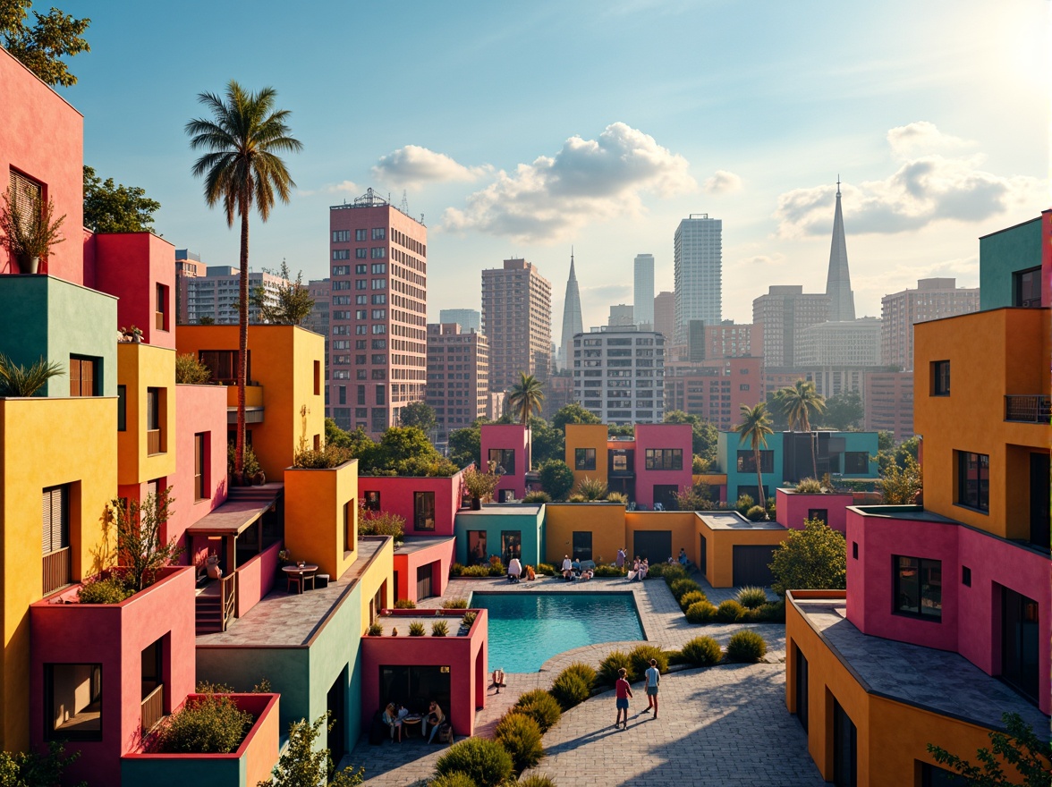 Prompt: Vibrant colored buildings, playful geometric shapes, irregular forms, abstract patterns, bold lines, dynamic curves, expressive structures, whimsical details, futuristic flair, urban cityscape, sunny day, warm lighting, shallow depth of field, 1/1 composition, panoramic view, realistic textures, ambient occlusion.