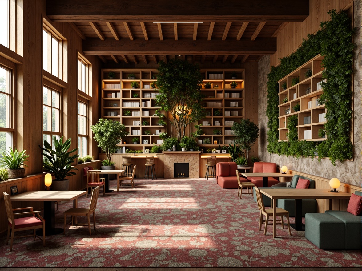 Prompt: Cozy reading nooks, warm wood accents, soft plush carpets, comfortable seating areas, floor-to-ceiling bookshelves, natural stone walls, rustic wooden tables, vintage-inspired lamps, warm golden lighting, calming color schemes, minimalist decor, abundant greenery, living walls, modern ergonomic chairs, sleek metal desks, collaborative workspaces, flexible modular furniture, vibrant colorful artwork, eclectic mix of textures, inviting atmosphere, relaxing ambiance, soft background music.