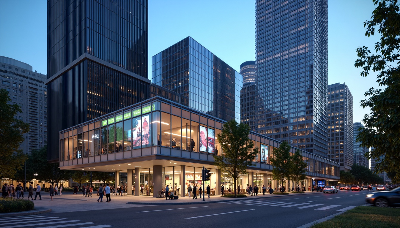 Prompt: Contemporary bus station, sleek glass fa\u00e7ade, minimalist steel structure, angular lines, modernist architecture, cantilevered roofs, vibrant LED lighting, dynamic signage, urban cityscape, busy streets, rush hour atmosphere, shallow depth of field, 3/4 composition, panoramic view, realistic textures, ambient occlusion.