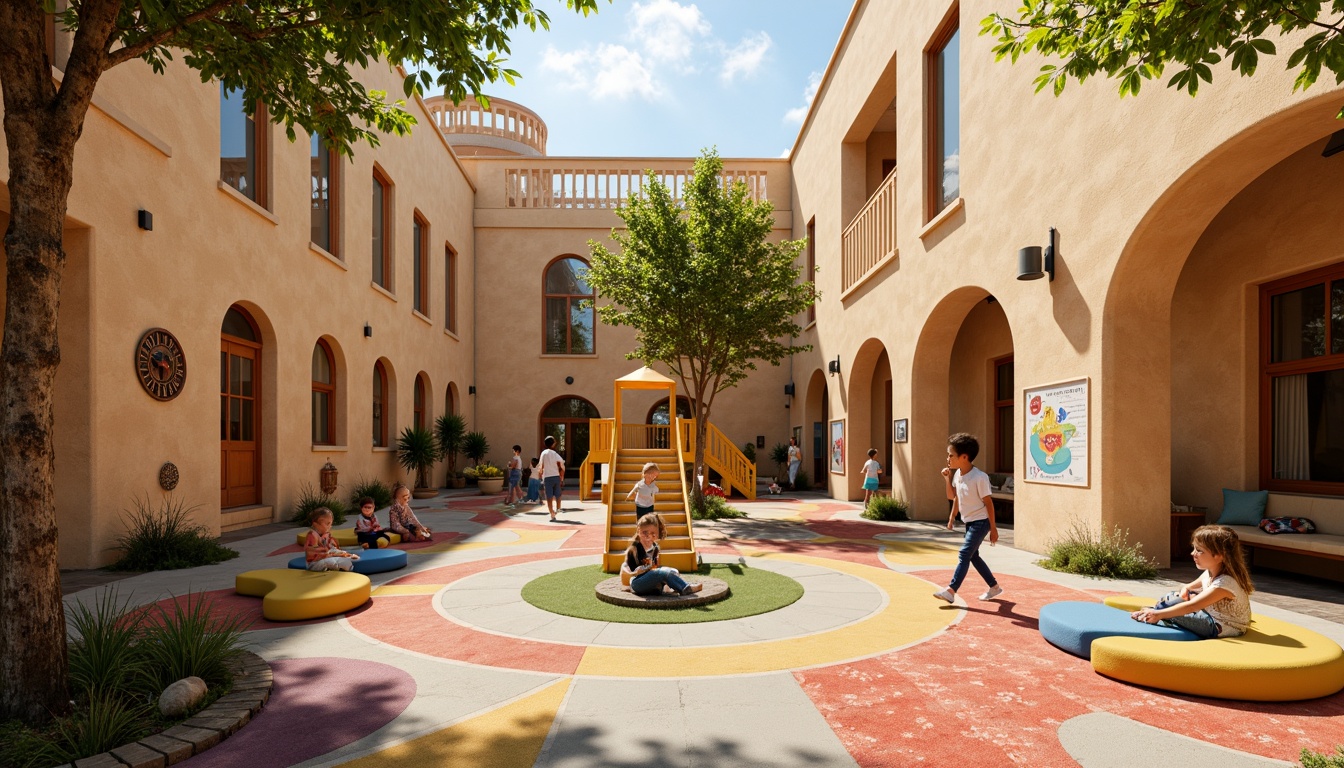 Prompt: Vibrant kindergarten playground, colorful textiles, Romanesque arches, rounded towers, warm beige stone walls, stained glass windows, ornate wooden doors, cozy reading nooks, educational murals, playful wall decals, soft cushioned benches, natural fiber rugs, whimsical mobiles, sunny day, warm golden lighting, shallow depth of field, 1/1 composition, intimate atmosphere, realistic textures, ambient occlusion.