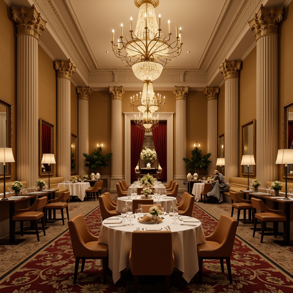 Prompt: Elegant dining hall, luxurious chandeliers, rich wood tones, warm beige walls, creamy white ceilings, lavish furnishings, ornate mirrors, refined table settings, fine china, crystal glasses, velvet drapes, soft golden lighting, subtle shadows, 1/2 composition, intimate atmosphere, realistic textures, ambient occlusion.