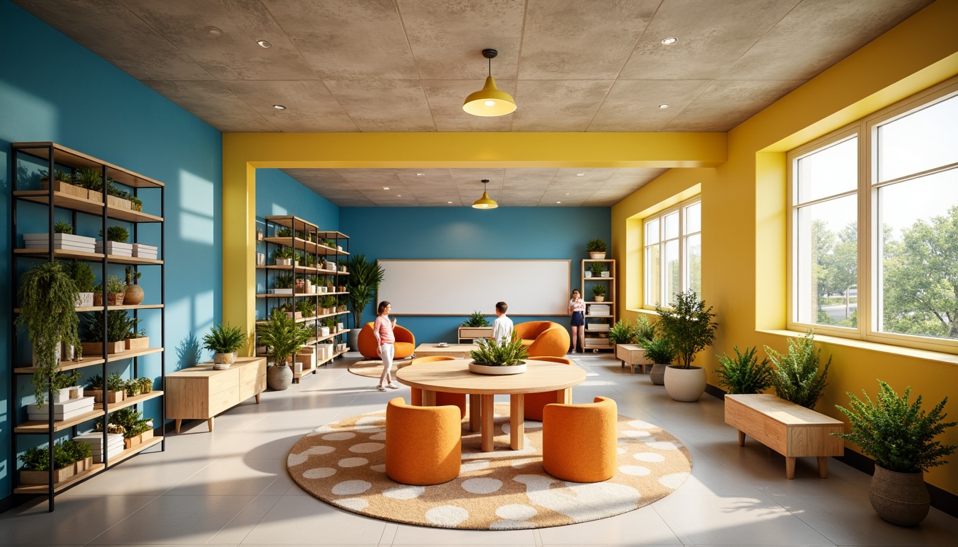 Prompt: Vibrant learning hub, energetic yellow accents, soothing blue walls, stimulating orange furniture, calming greenery, natural wood textures, playful polka-dot rugs, interactive whiteboards, sleek metal shelving, modern minimalist decor, abundant natural light, soft warm glow, 1/1 composition, shallow depth of field, realistic renderings, ambient occlusion.