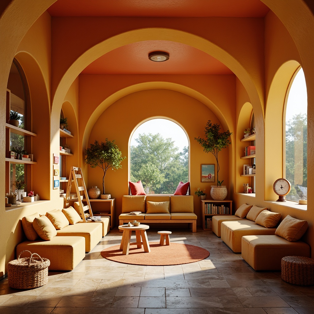 Prompt: Warm kindergarten interior, Romanesque style architecture, rounded arches, vaulted ceilings, bright colorful walls, wooden furniture, soft cushions, playful toys, educational decorations, natural stone floors, rustic wood accents, cozy reading nooks, circular tables, tiny chairs, soft warm lighting, shallow depth of field, 1/1 composition, intimate atmosphere, realistic textures, ambient occlusion.